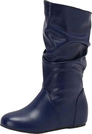 Generic Womens Fashion Mid Calf Booties Round Toe High Height Increasing Heel Slip On With Pleated Shaft Design