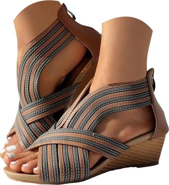 Generic Women Wedges Bohemian Shoes Open Toe Wedge Sandals With Hollow Out Design Sandals Zipper Back Platform Summer Sandal For Women 2026 Trendy (Brown, 7.5