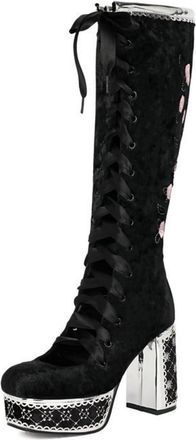 Generic Womens Lace Up Knee High Boots with Embroidery Stitched Round Toe Long Boots Faux Suede Gothic Punk Boot with Zipper,Black2,7.5 UK