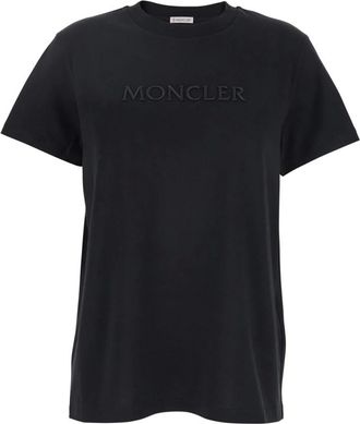 Moncler Tops, Dames, Zwart, XS, Katoen, Zwarte Logo Geborduurd T-shirt Vrouw Katoen