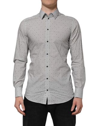 Dolce & Gabbana Gray Dotted Semi Fitted Gold Men Formal Shirt Cotton