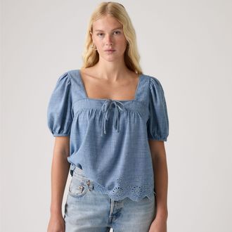 Levi's Darling Short Sleeve Cutwork Blouse - Womens - XS - Blue