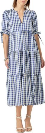 English Factory Checkered Tiered Midi Dress in Navy at Nordstrom Rack, Size X-Small
