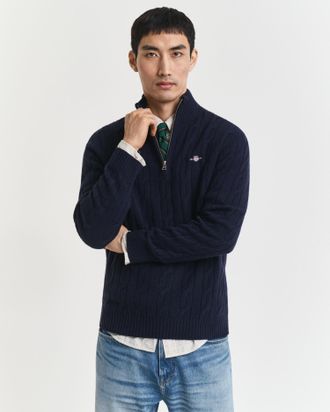 GANT Men Lambswool Cable Knit Half-Zip Sweater (XL) EVENING BLUE