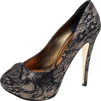 Gina Black/gold Lace And Leather Platform Pumps