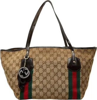 Gucci Beige Brown Canvas Leather Shoulder Bag Tote Bag (Pre-Owned)