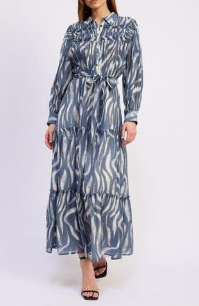 En Saison Cypress Long Sleeve Tie Belt Tiered Maxi Shirtdress in Slate Ivory at Nordstrom Rack, Size X-Small