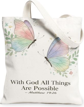 Generic Butterfly Floral Canvas Tote Bags, Inspirational Nature Design Reusable Bags, Summer Lightweight Washable Canvas for Travel, White, 13x15 Inch