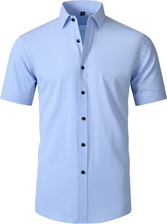 Generic Mens Super Stretchy Quick-Drying Breathable Dress Shirt, Button Down Short Sleeve Casual Summer Dress Shirts (Blue 1,L)