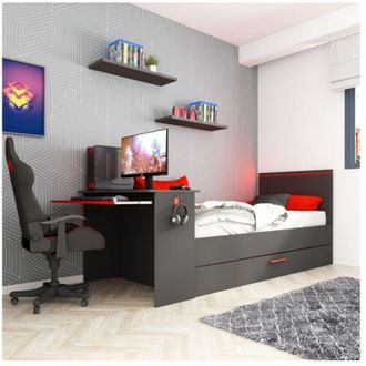 Vente-Unique Letto a scomparsa gamer 90 x 200 cm e 90 x 190 cm - con scrivania - led - Antracite e Rosso - vouani