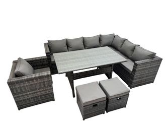 Fimous 10 Seater Patio Dining Corner Sofa Sets with Chair 2 Small Stools in Dark Grey