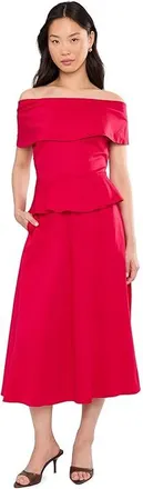 Calvin Klein Off-the-Shoulder Dropwaist Cotton Midi Womens Dress Lipstick : 14, Cotton/Elastane