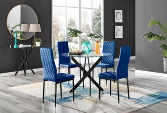 Furniturebox Novara 4 Seater Black Leg Round Glass Dining Table & 4 Milan Soft Velvet Black Leg Chairs in Navy