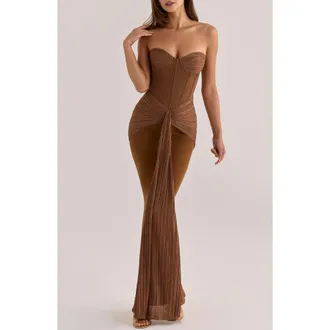 House of CB Charlotte Strapless Chiffon Corset Gown in Bronze at Nordstrom, Size X-Large