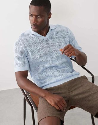 Selected Polo in maglia azzurra con spacco sul collo-Blu