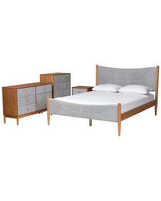 Baxton Studio Taylin Mid-Century Corduroy & Wood Queen 4Pc Bedroom Set