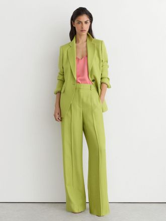 Reiss Green Textured-weave Wide-leg Suit Trousers, 16L