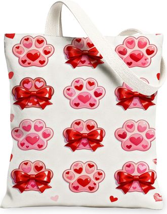 Generic ValentineS Paw Print Canvas Tote Bags, Heart Bow Pattern Reusable Shopping Bags, Lightweight Washable Shoulder Strap, White, 13x15 Inch