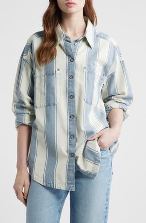 Free People Crossroads Stripe Button-Up Shirt in Indigo Combo at Nordstrom, Size X-Small