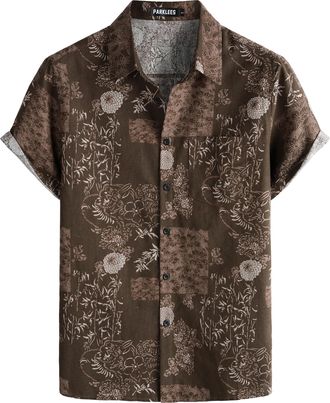 PARKLEES Mens Casual Linen Hawaiian Shirt Short Sleeve Button Down Retro Shirts Hipster 70s Hippie Tops Brown Flower XXX-Large
