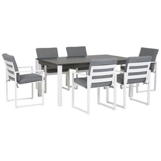 Beliani Conjunto De Comedor De 7 Piezas Blanco De Aluminio Con Tablero Extensible Y 6 Sillas Con Cojines Grises Pancole