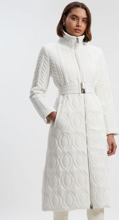 Karen Millen Womens Multi Stitch Detail Belted Padded Midi Coat - Cream Polyamide - Size 10 UK