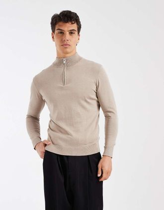 Capo Maglione in cotone egiziano color avena con zip corta-Neutro