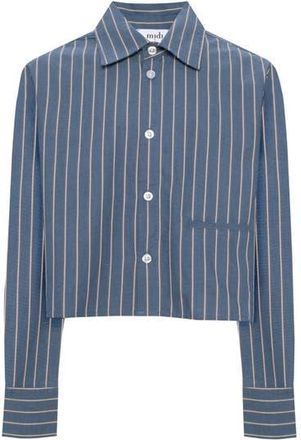 Midi Cropped Striped Button Front Box Pleat Blouse in Dark Denim at Nordstrom, Size Large