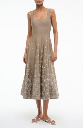 Staud Wells Embroidered Sleeveless Stretch Cotton Midi Dress in Taupe Embroidery at Nordstrom, Size 2
