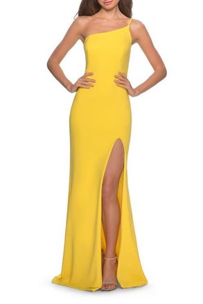 La Femme One Shoulder Long Jersey Homecoming Dress in Yellow at Nordstrom, Size 00