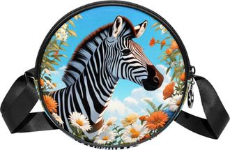 Generic Circle Crossbody Bag for Women, Zebra Flower Small Sling Bag Daypack with Zipper Adjustable Shoulder Straps Casual Ladies Girls Round Purse