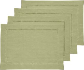 Solino Home Linen Placemats Set of 4, 14 x 19 Inch for Dining Table, Holiday and Everyday Table Decor - Classic Hemstitch in Moss Green at Nordstrom