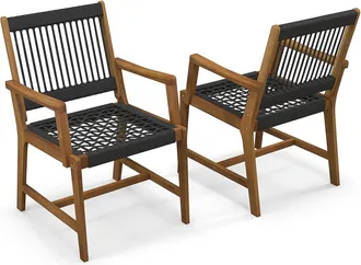 Costway Costway - Set Di 2 Sedie Da Pranzo In Legno Di Acacia Per Esterno, Sedie Da Giardino Intrecciate Con Braccioli, Per Cucina Patio Prato Giardino