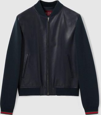 Gucci Nappa Leather And Knit Bomber Jacket, Size 44 IT, Blue, Ready-to-wear