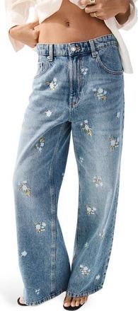 Mango Floral Embroidered Straight Leg Jeans in Medium Blue at Nordstrom, Size 0