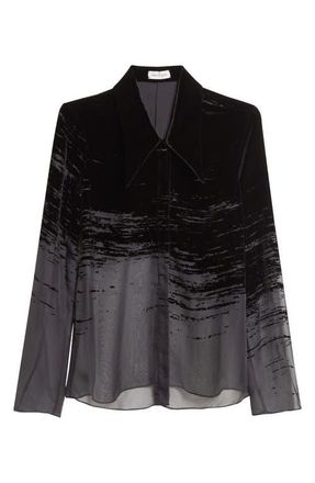 GRACE LING Glitch Devor&eacute; Velvet & Sheer Chiffon Button-Up Shirt in Black at Nordstrom, Size 8 Us