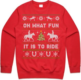 Sanfran Clothing Horse Riding Oh What Fun It Is To Ride Christmas Sweatshirt Horses Gift Pony Xmas Jumper Sweater Large/Red