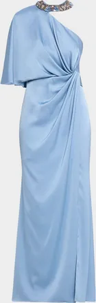 Aidan Mattox Beaded One-Shoulder Twist Gown
