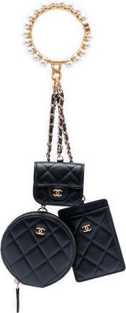 Chanel Pre-owned Womens Quilted Lambskin Pearl Crown Cc Wristlet Multi Pouches - Black Leather - One Size