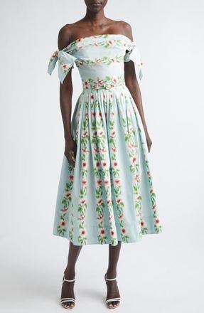 Oscar De La Renta Hibiscus Stripes Cotton Stretch Poplin Midi Dress in Saltwater at Nordstrom, Size 10
