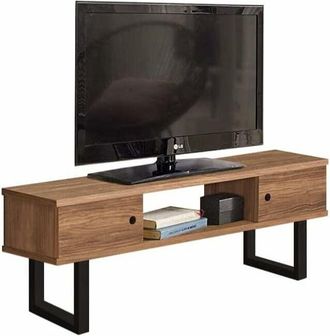 HOGAR 24 Hogar24 - Mesa television, Mueble tv Salon Diseño Industrial-Vintage, 2 Puertas y Estante, Madera Maciza Natural, Patas Negras