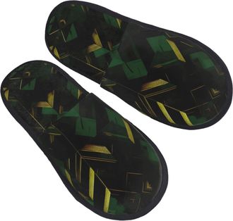 Generic Plush Cotton Slipper black green andd geometric print Mens Slipper Comfortable Womens Slippers for Family Winter Hotels M