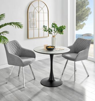 Furniturebox Elina White Marble Effect Scratch Resistant Dining Table & 2 Falun Silver Leg Fabric Chairs in Light Grey