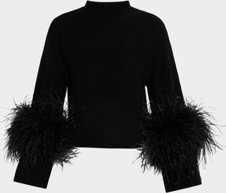 Sally Lapointe Mock-Neck Merino Rib Sweater With Feathers