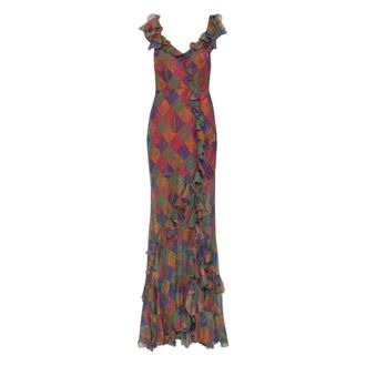 Etro Etro, Gowns, female, Multicolor, Size: S Silk Long Dress with Ruffles and Geometric Paisley Motif