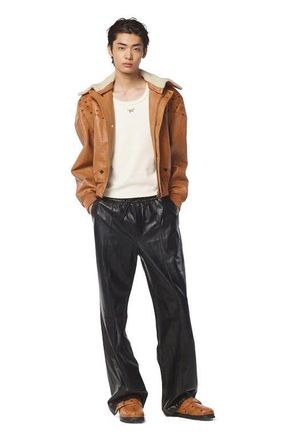 MCM Shearling Bomber Jacket in Visetos Leather Mix in Cognac at Nordstrom, Size X-Large It
