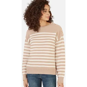 Yumi Button Detail Stripe Knitted Jumper in Beige at Nordstrom, Size Medium/large