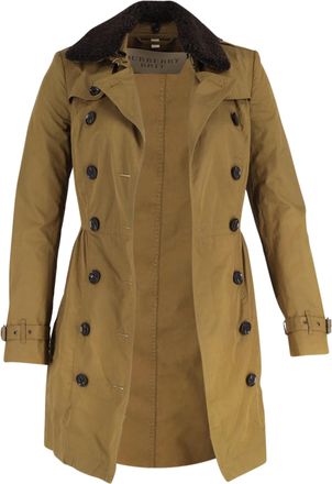 Burberry Pre-owned Womens Brit Long Shearling Collar Trench Coat in Olive Cotton - Mocha - Size 4 UK