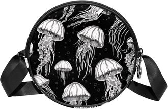 Generic Circle Crossbody Bag for Women, Jellyfish Small Sling Bag Daypack with Zipper Adjustable Shoulder Straps Casual Ladies Girls Round Purse