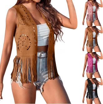 Generic HUIFUAO Fringed Waistcoat Women Sleeveless Hollow Out Tassel Waistcoat Vintage Cowgirls Outfits Jacket Western Clothing 70s Hippie Cardigan Gilet (Hot